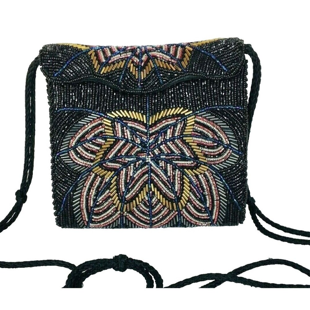 VTG 70s MAGID Art Deco Hand Beaded Envelope Starburst Atomic Crossbody Handbag